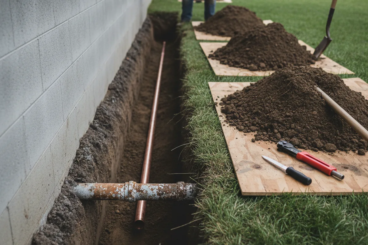 Excavated water line trench during Water Softener Installation in Painesville